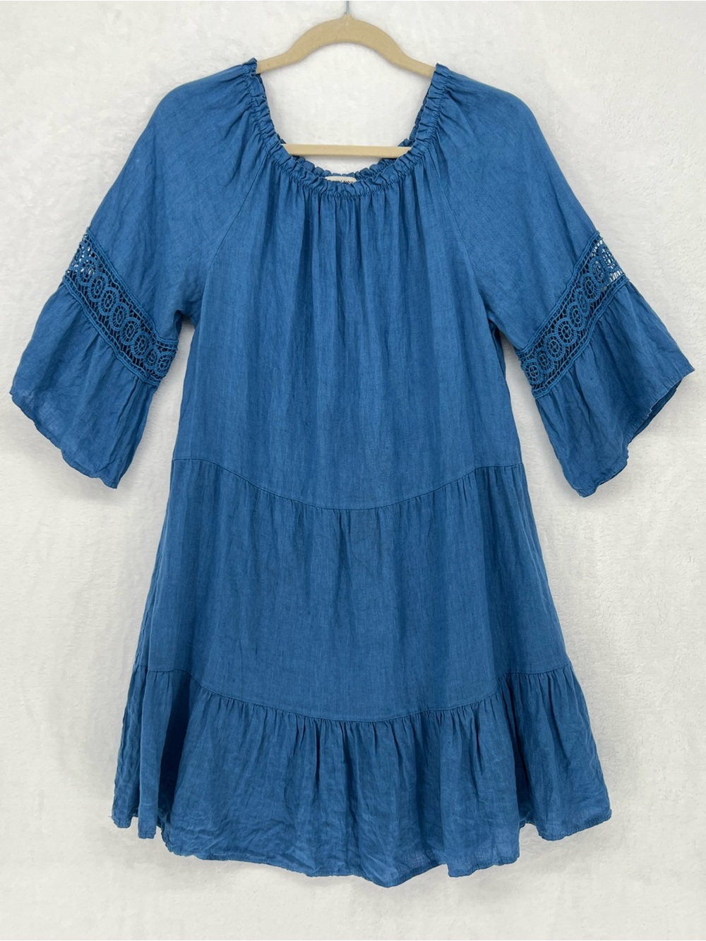 Terzo Millennio 100% Linen Dress M Blue Tiered Bell Sleeve Italy Lagenlook Boho